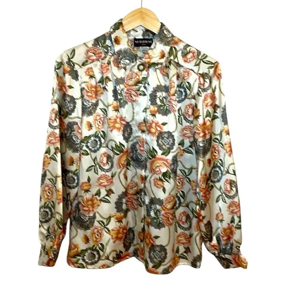 Vintage Notations Satin Floral Blouse, long sleeve, 10